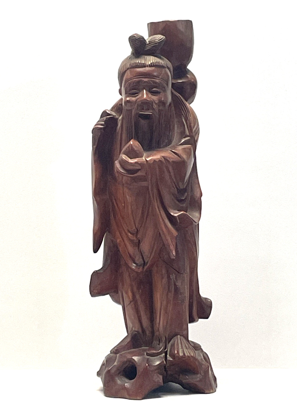 VTG Hand-Carved Chinese Shou Longevity Wooden Figurine, 14" Tall, Natural Crack